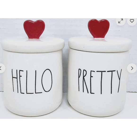 Rae Dunn Hello Pretty 2 Small Canister With Red Heart Knob - Picture 2 of 5